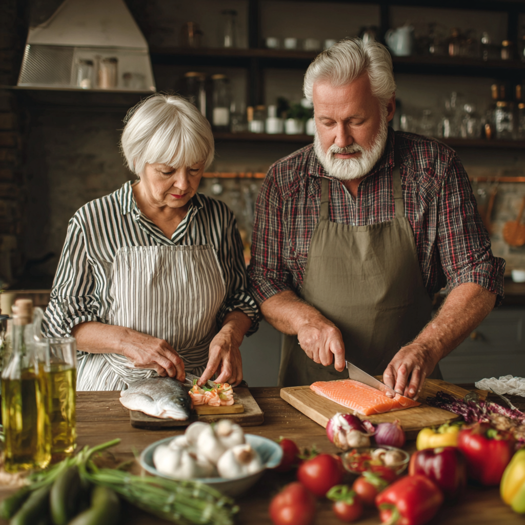 Middle-aged adults preparing nutritious meals together